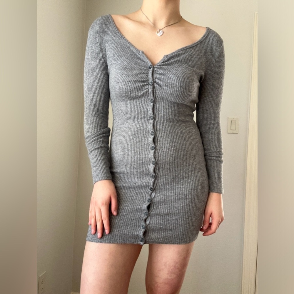 Grey button up long sleeve mini dress #minidress
